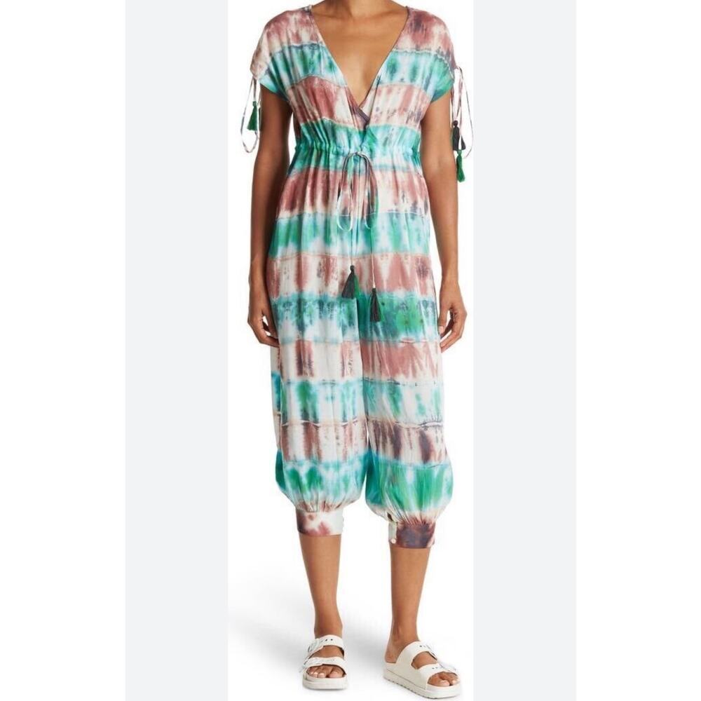 Anthropologie Raga To Dye For Surplice Crop Jumpsuit Sz Large Tie Dye Boho